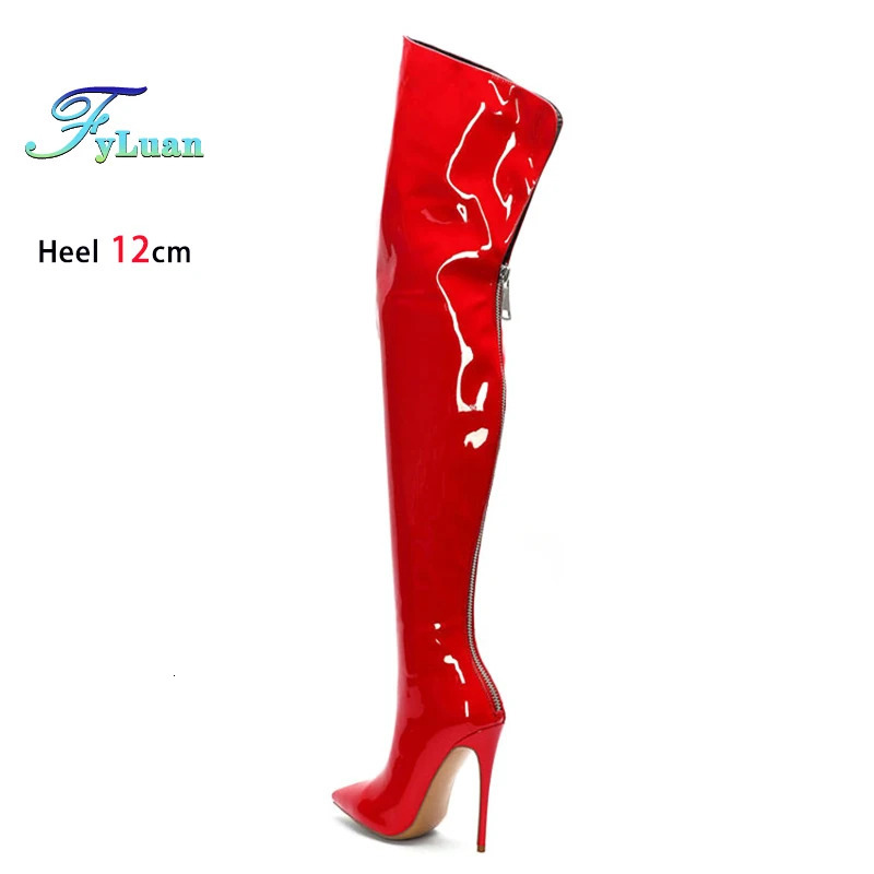 Back Zipper Slim Leg Thigh Boots For Woman 2025 Pointed 12CM Thin High Heels Glossy Leather Black Over The Knee Women Boots 251023