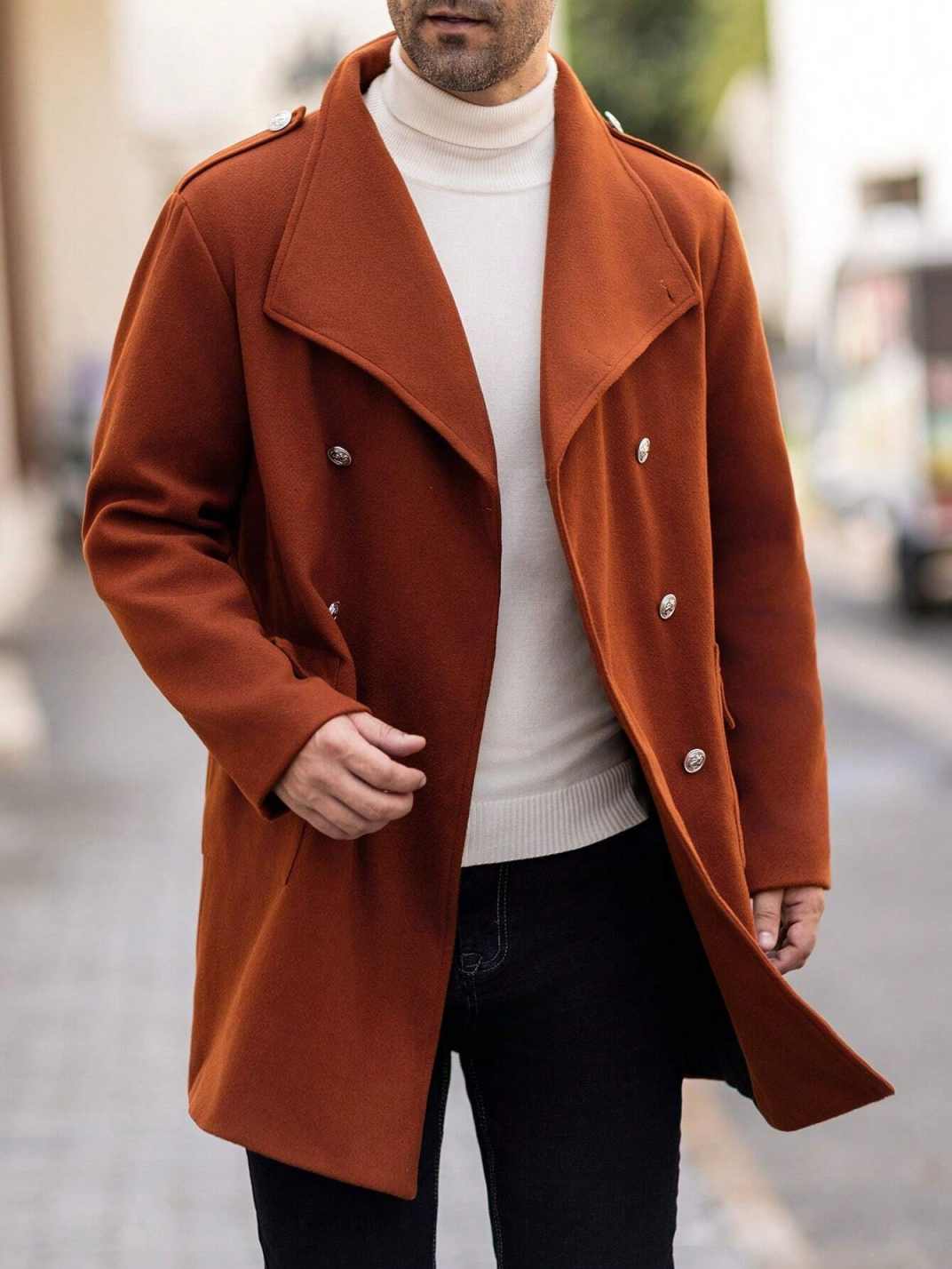 Formal Mens Mid Length Coat Double Breasted Business Classic Fit One Piece Customized Jacket Windproof