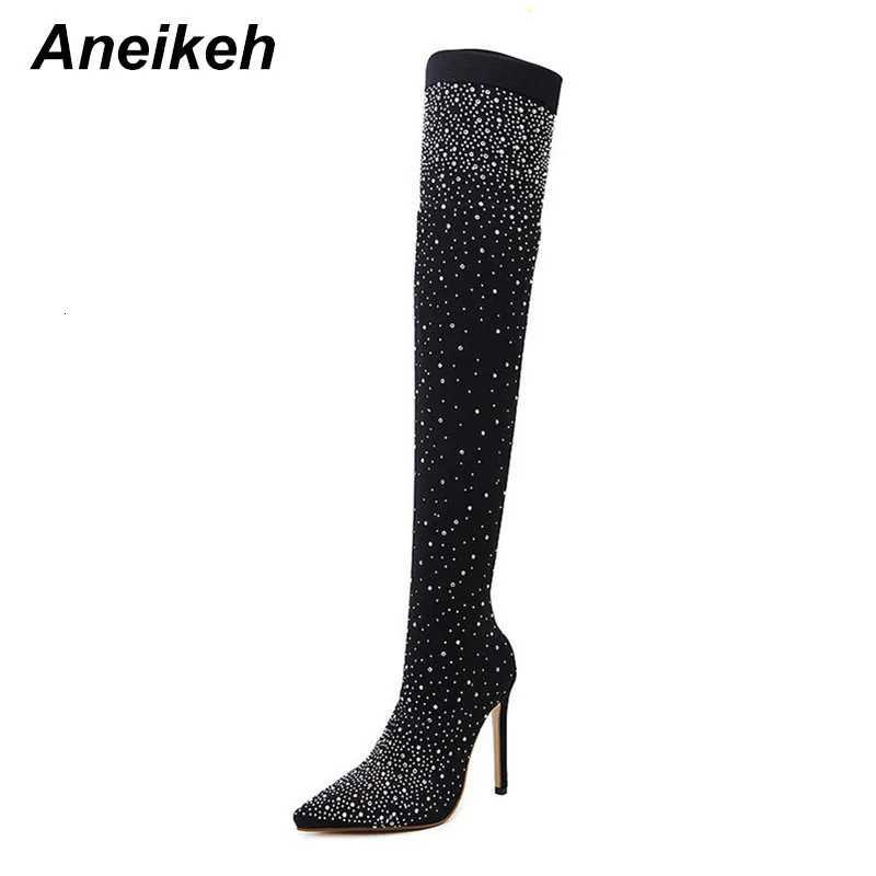 Aneikeh Sexy High Heels Sock OvertheKnee Boots Pointed Toe Design Crystal Rhinestone Stretch Fabric Pole Dancing Women Shoes W251024