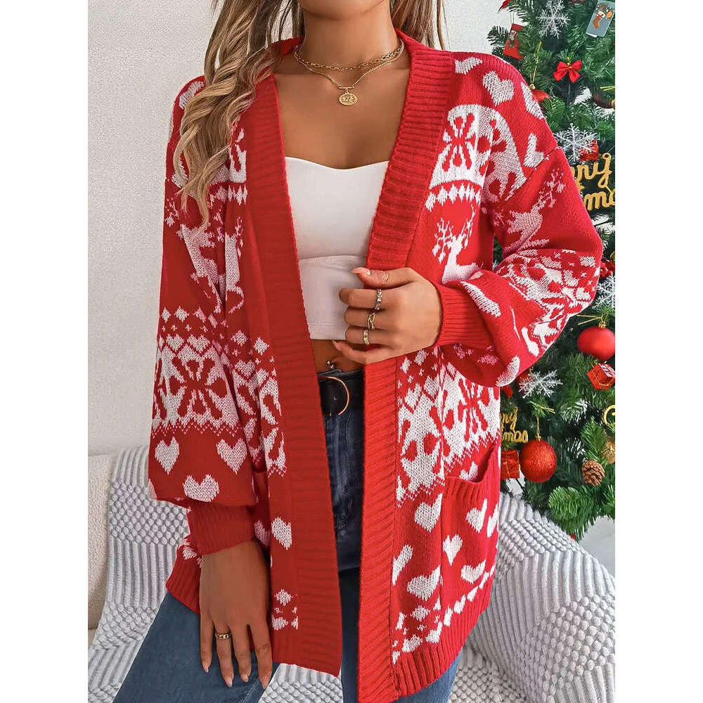 2025 Autumn Print Christmas Sweater Winter Women Casual Cardigan Lady Loose Long Sleeve Knitted Coat Outwears