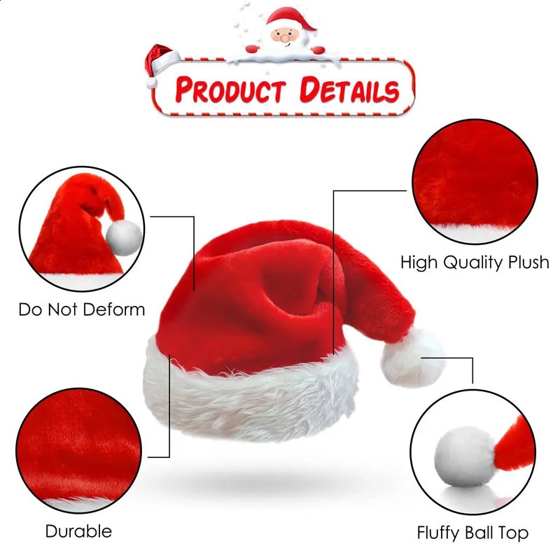 Christmas Santa Hat For Adults And s Unisex Velvet Cozy Long Plush Red Xmas Hats Years Holiday Party Supplies 251023