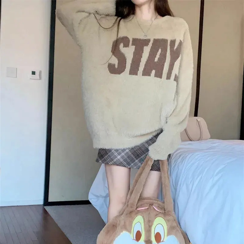 Vintage American Letter Sweaters Womens Clothing Round Neck Autumn Winter Loose Basic Casual Long Sleeve Knitted Pullovers 251023