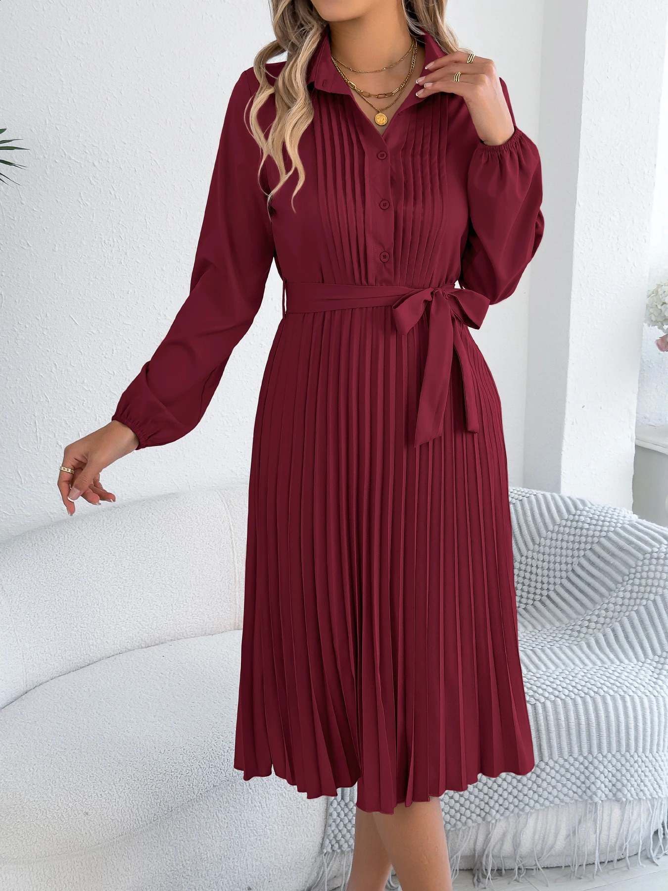 Elegant Maxi Dress for Autumn Winter Lapel Tie Waist Solid Color Long Sleeve Dresses Green Khaki Red Woman Clothing 2025 251023