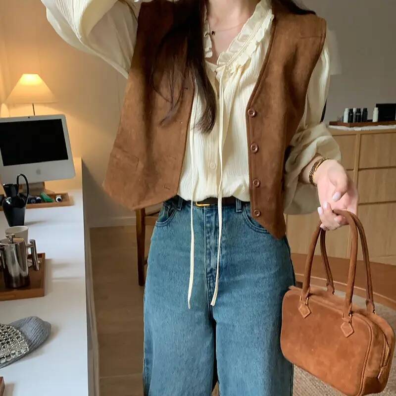 Retro Vests Women V-neck Single Breasted All-match Korean Style Spring Autumn Layering Outerwear Cozy Vintage Loose Comfortable dongdumaoyi
