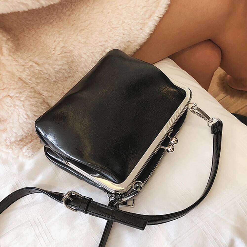 Women Solid Color Sling PU Leather Casual Crossbody Kiss Lock Retro Work Date Party Shoulder Bag