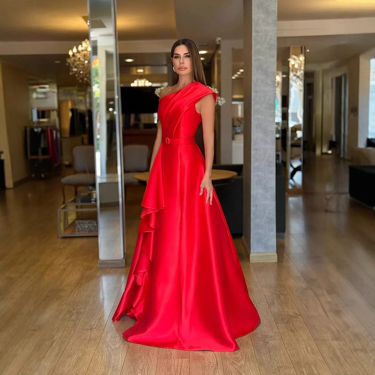 New Modern Red Evening Formal Dress 2026 One Shoulder Pleats Ruffles Satin Prom Pageant Party Gowns Christmas Robe De Soiree