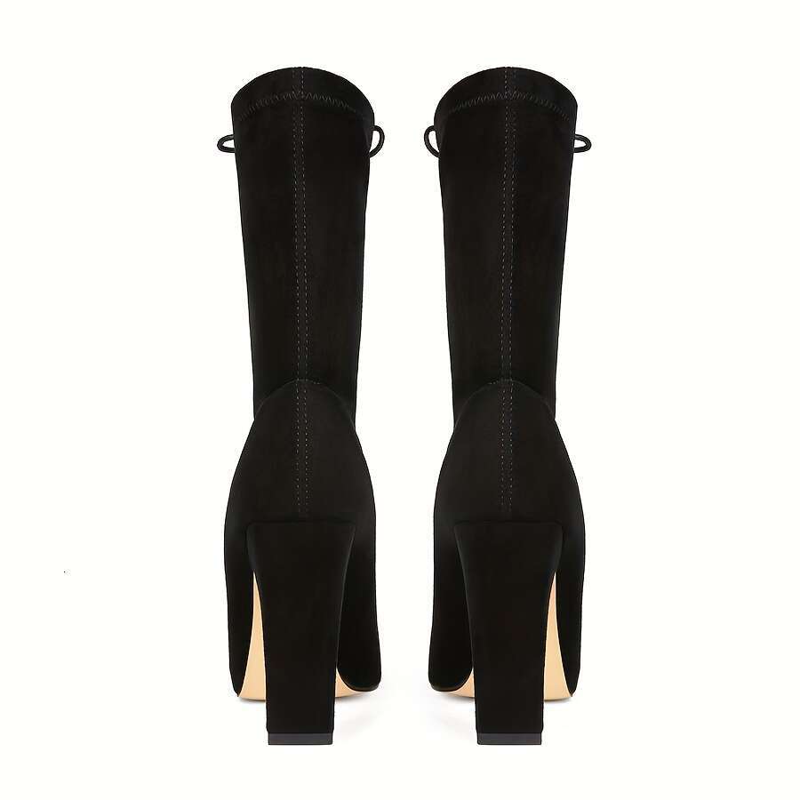 Women's Black Square Toe Platform Pumps - Adjustable Lace-Up Ankle Strap, French Block Heel, Fabric Upper Rubber Sole For All-Season Formal & Cas