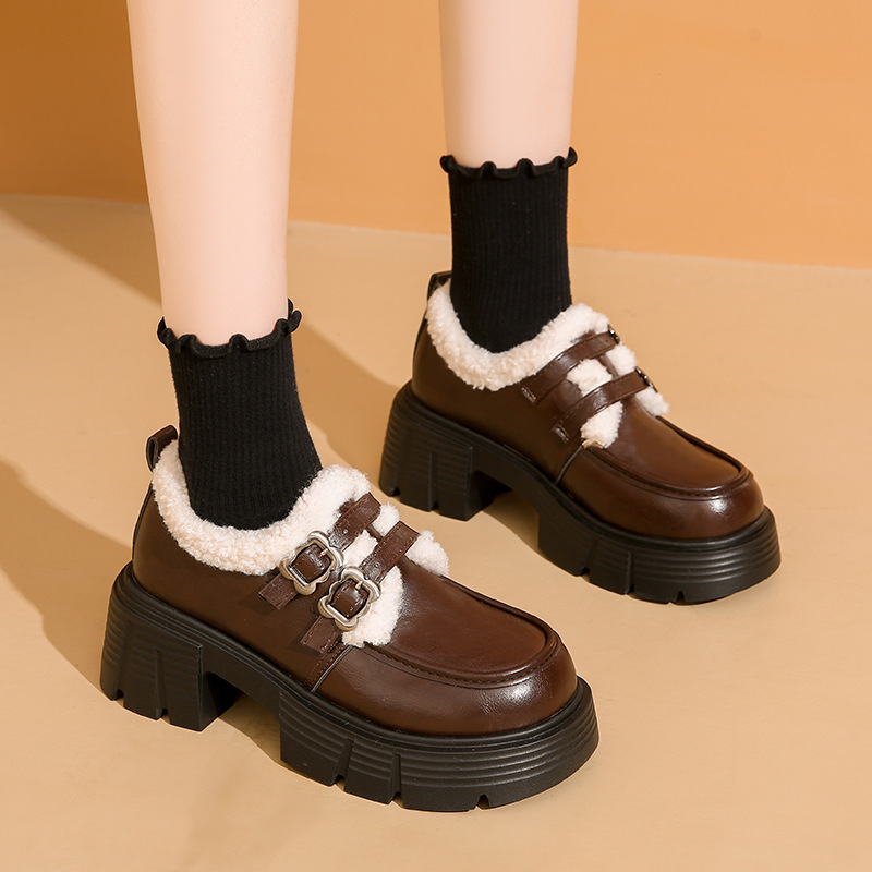 Thick Sole Height Increasing Warm Fleece Lined Belt Buckle Loafers Women's Shoes 2025 Autumn New British Style Commuter Flats ddmythur