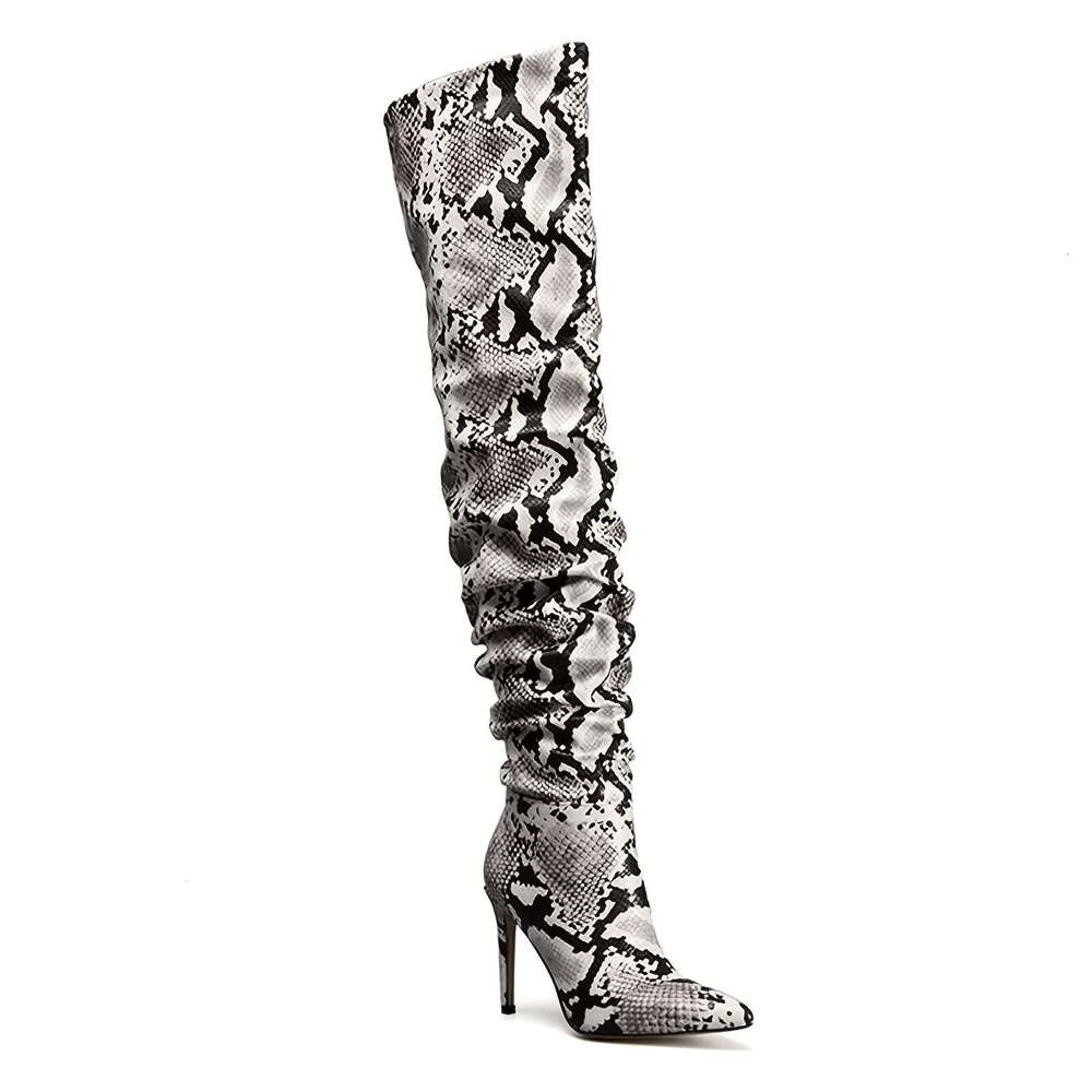 Perisil Women's Snake- Beige High-Heel - Sexy Pointed Stiletto Slipping-On Western Boots With PU & Rubber Sole, All-Season Elegant S For Parties,