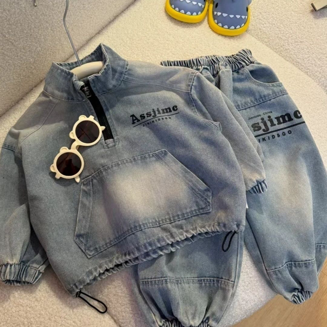 Fashion Children's Clothing 2025 Trendy Korean Boys Denim Set, Cool Denim Jacket with Pants 2-Piece Outfit, Spring Fall Fashion