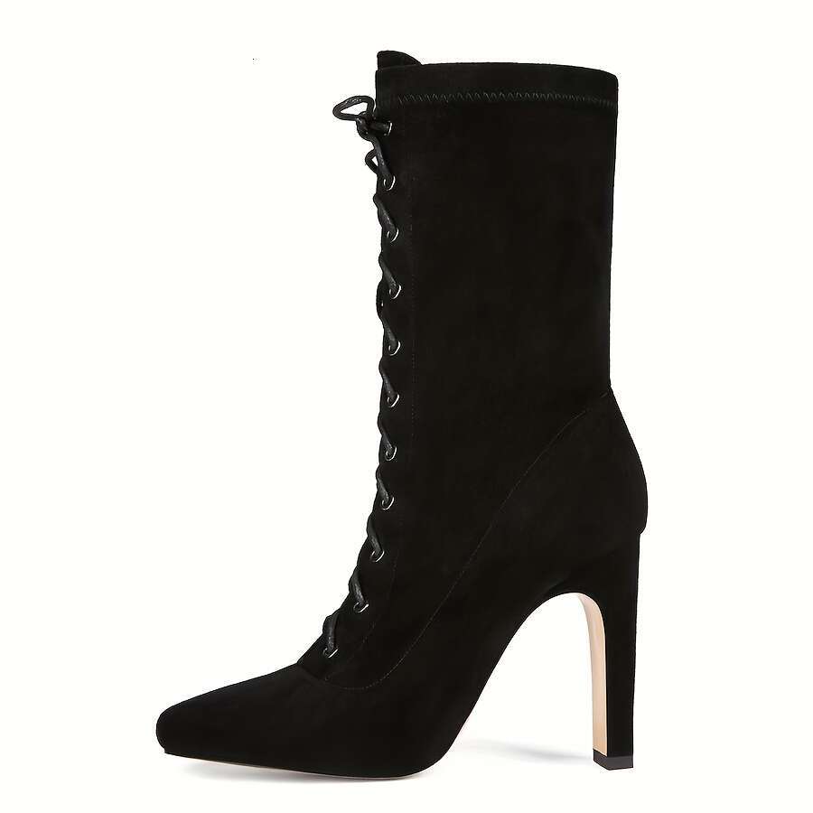 Women's Black Square Toe Platform Pumps - Adjustable Lace-Up Ankle Strap, French Block Heel, Fabric Upper Rubber Sole For All-Season Formal & Cas