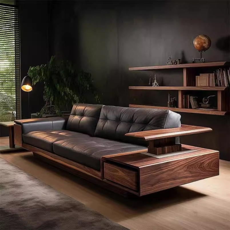 New Chinese Style Black Walnut Living Room High-End Light Solid Wood Straight Row Sofa Leather Art Large Apartment