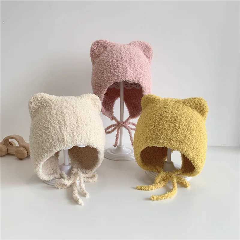 Lamb Fleece Baby Ear Protection Hat Winter Warm Infant Earmuffs Cap Solid Color Kids Plush Headgear 12year Toddler Tie BeaniesL251024