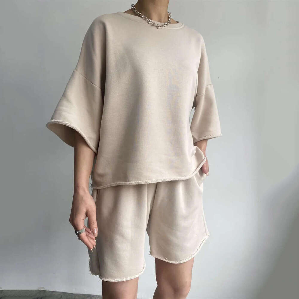 Street Style New Casual for Women: Half Round Neck Loose Short Sleeve Tie Shorts Two-Piece Set