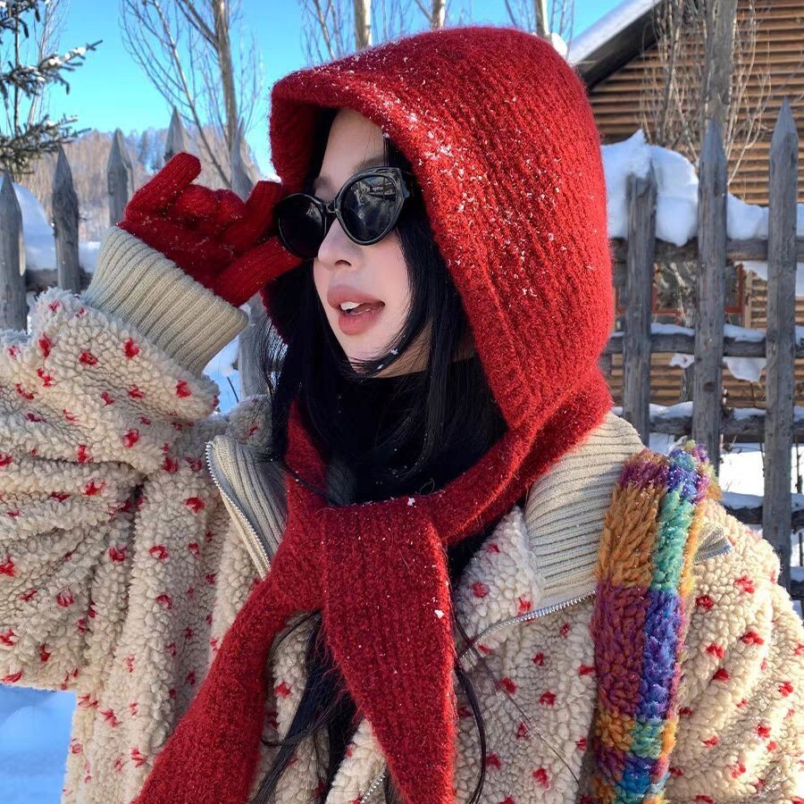 Red Balaclava for Women, Autumn Winter Warm and Scarf Combo, Hooded Neck Warmer, Trendy Knitted Hat