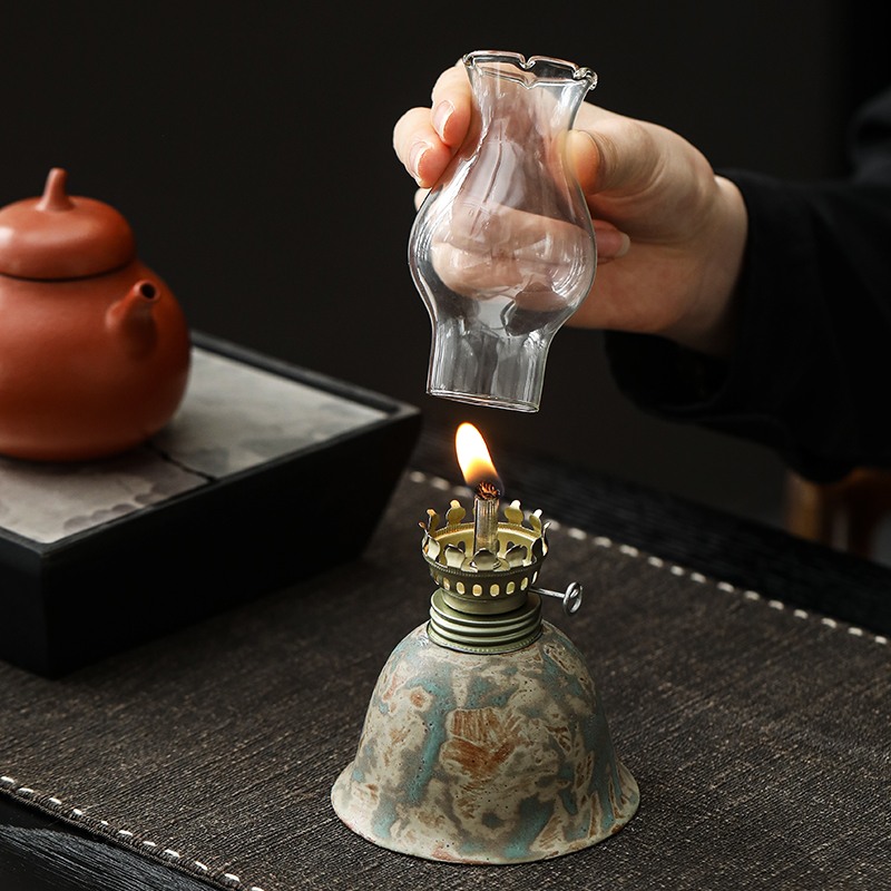 Ceramic Oil Lamp with Adjustable Wick - Vintage Hurricane Lantern for Indoor & Outdoor Use, Desk Decor, Camping Fuel Light (Kerosene Not Included), No
