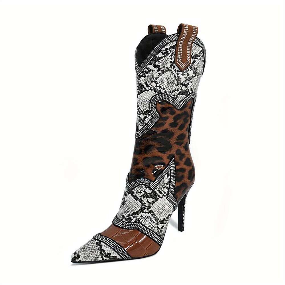 Women's Slim High Heels, Color Blocked Rhinestones, Winter Midsole Boots