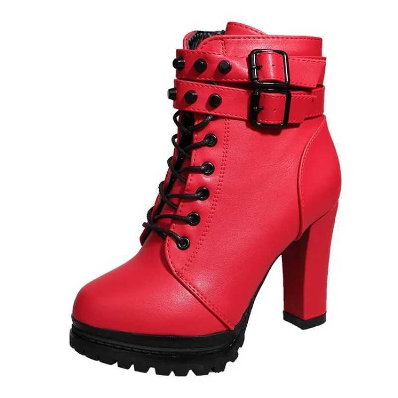 Womens High Heels Fall Chunky Romanstyle Belt Buckle Short Boots Fashion Platform Ankle Boots Black Red Ladies Autumn Booties W251024