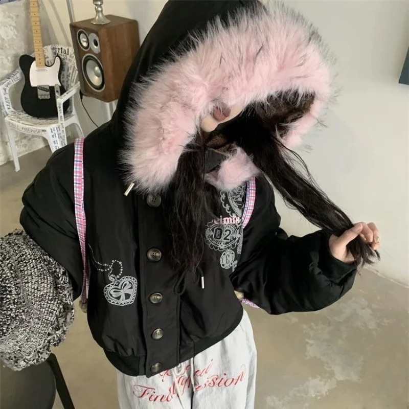 Streetwear Winter Printing Warm Women Parkas Harajuku Loose Casual Fur Patchwork Hooded Jacket Y2k Aesthetic Button Grunge Coat 251023