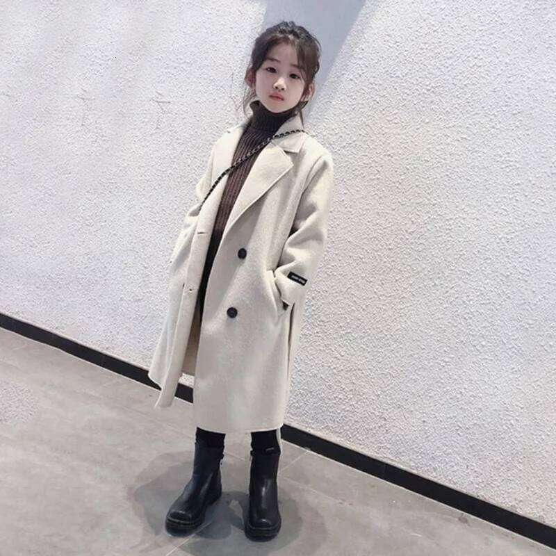 Girls Woolen Jackets Children Winter Thick Warm Long Coats 4-12 Years Kids Turn-Down Collar Outerwear Teenager Fashion Clothing