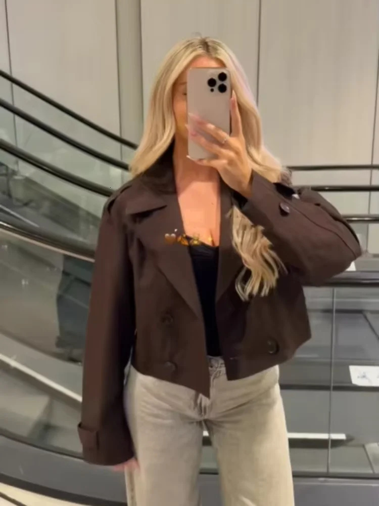 Brown Double Breasted Short Trench Coats Women Casual Lapel Long Sleeve Pocket Cropped Jackets Lady Commute Office Street Wear 251021