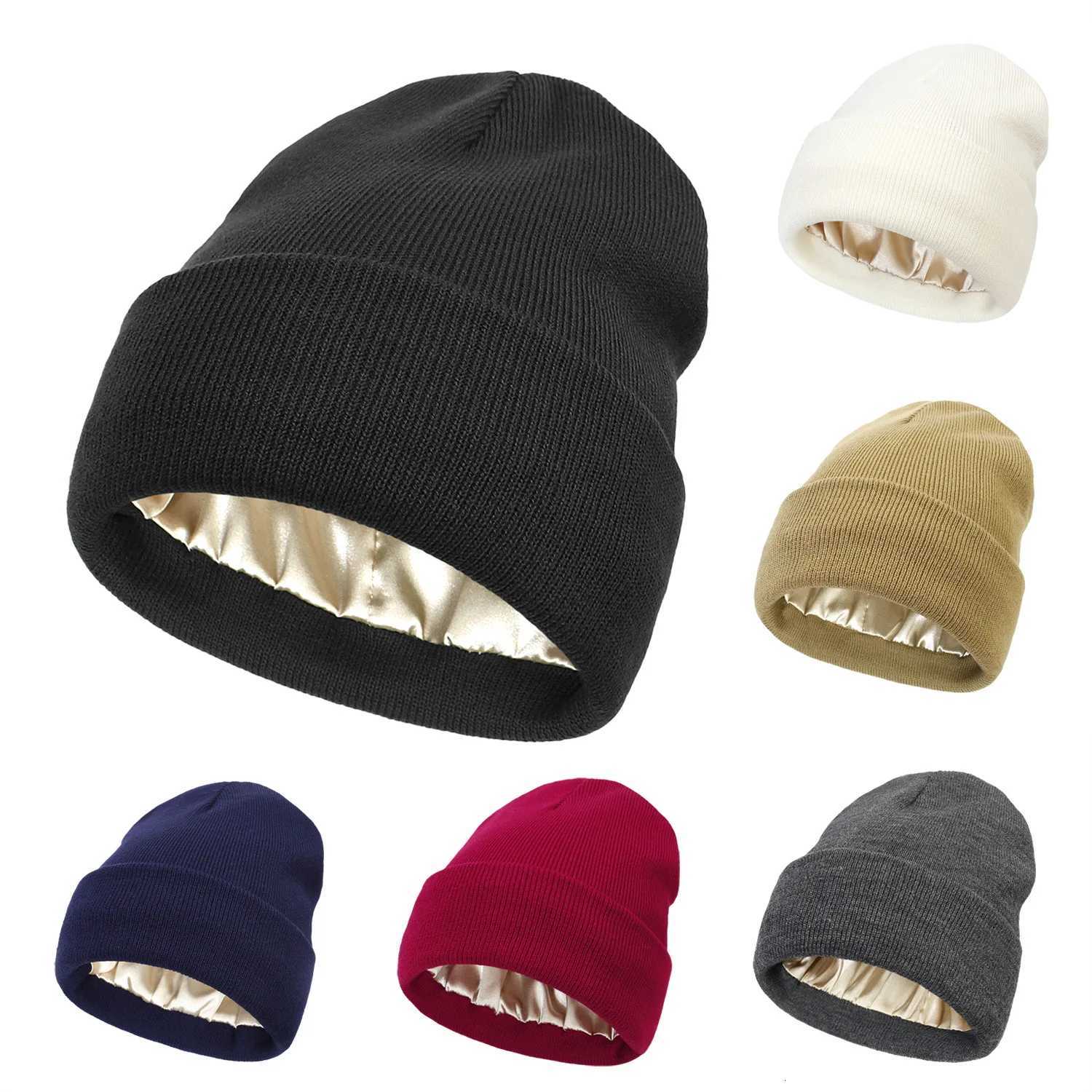 Autumn and Winter Hat Silk Satin Lined Beanies Men and Women Protective Hair Style Warm Knitted Hat Woolen Hat L251024