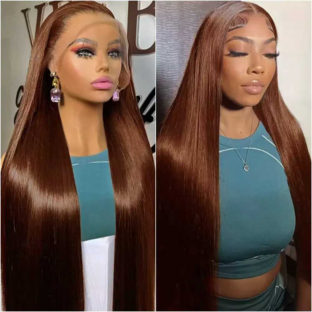 30 36 Inches Chocolate Brown Lace Front 100 Human Hair Wig Pre Plucked Dark Brown Bone Straight 13x4 13x6 HD Lace Frontal Wigs W251023