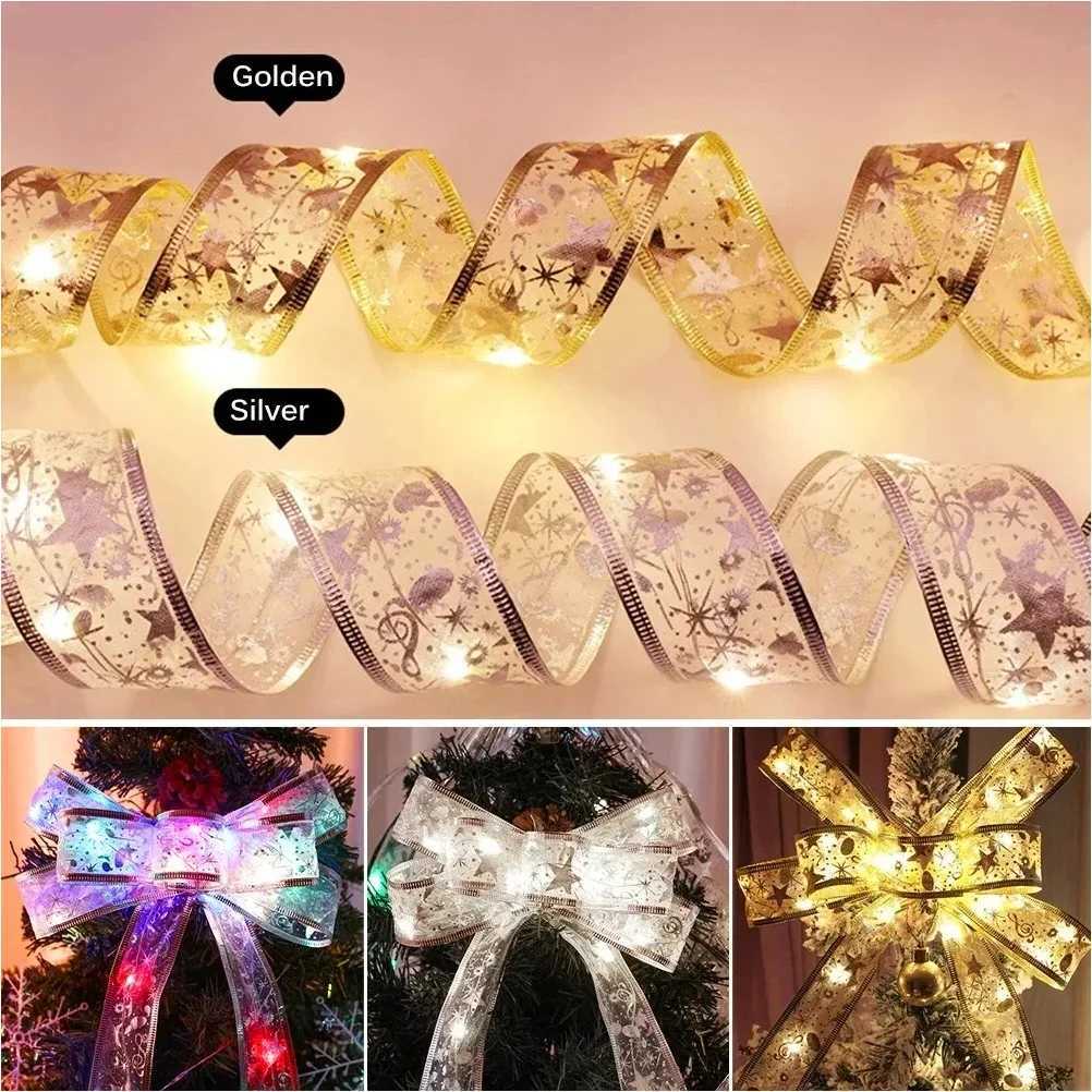 Christmas Ribbon Fairy Light Christmas Decoration For Home 2026 DIY Bows String Light Tree Ornaments Xmas Decor New Year 2026 C251024