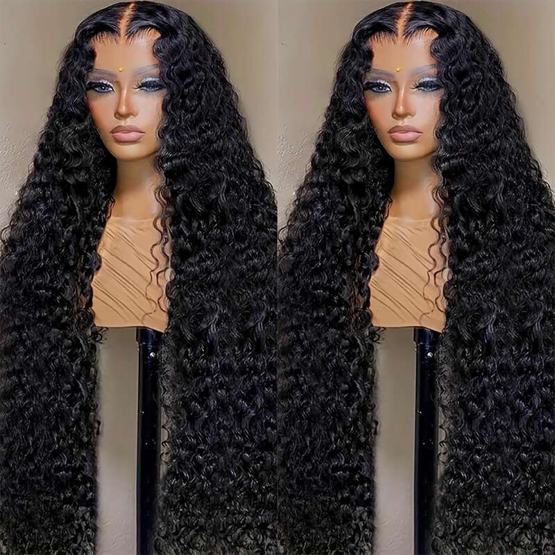 ESTILAR Deep Front Water Wave Curly Natural Black 13X4 HD Lace Frontal Wig Full And Thick Human Hair Wigs for Halloween Christmas Festivals