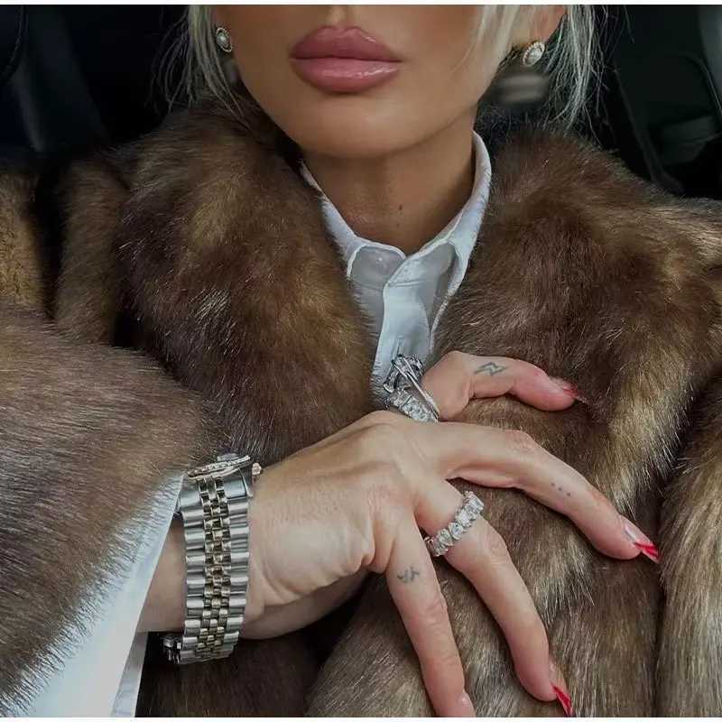 Luxury Highend Fluffy Women Chic Faux Fur Long Overcoat Dark Brown Winter Warm Trench Coat Thick Fur Jacket Windproof Outerwear H251024