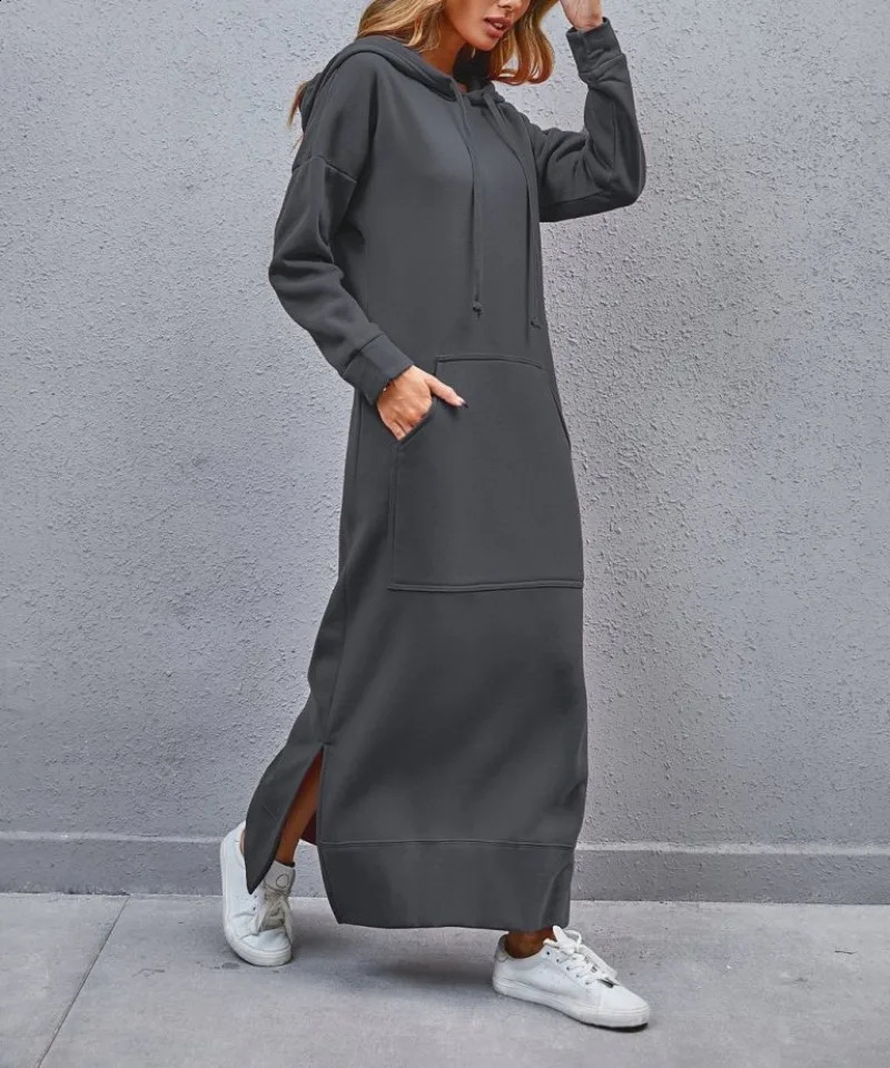 Hoodies Dress for Women Fashion Hem Laceup Midi Robe Hooded Long Vestidos Winter Warm Casual Loose Sweatshirt Dress 251023