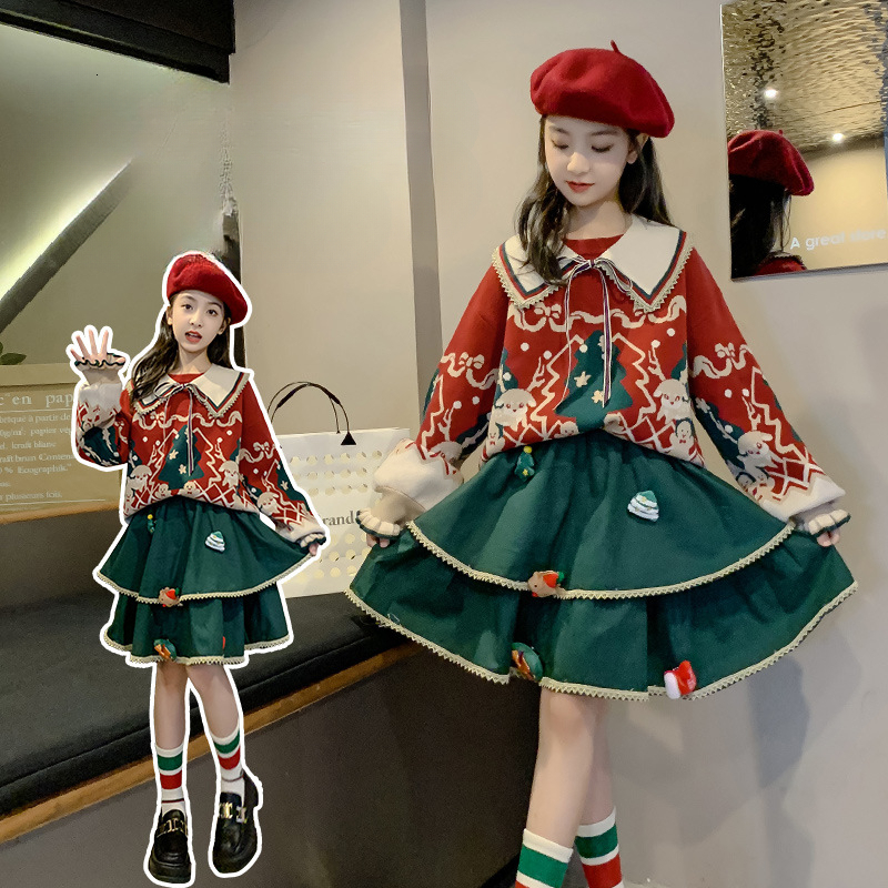 Girl Fashion Design Autumn/Winter Red Christmas Sweater Set New Fashionable Big Kids Winter Cake Skirt Two Piece Set
