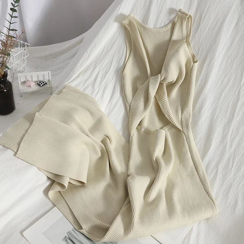 OCEANLOVE Korean Knitted Robe Femme Summer V Neck Sleeveless Kink Hollow Out Sexy Slim Bodycon Dress Split Fork Long Vestidos 251023