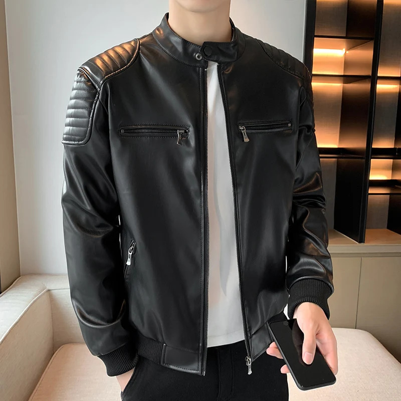 Autumn Stand Collar Leather Jacket Men Fashion Handsome Trend Solid Color Leather Jacket Youth Large Size Motorcycle Coat 251021