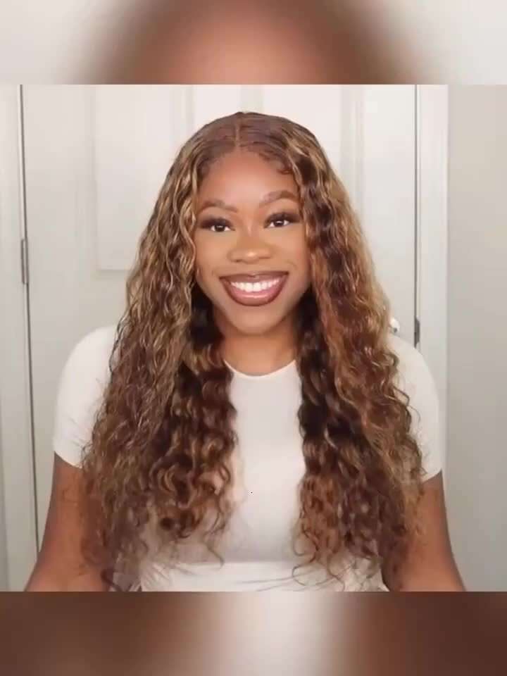 Highlight Water Wave Front Human Hair 13X4 Transparent Frontal Wig for Women Deep Curly Ombre Honey Blonde 4/27 Lace Wigs