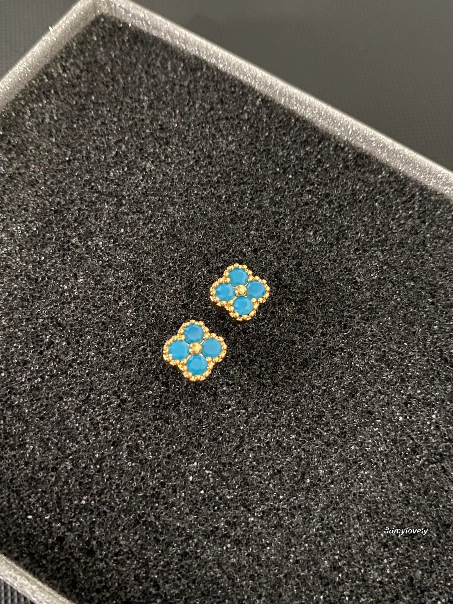 Gold-Toned Clover Stud Earrings With Blue Gemstone Accents - Elegant Jewelry For Daily Wear And Parties Ddmylovely