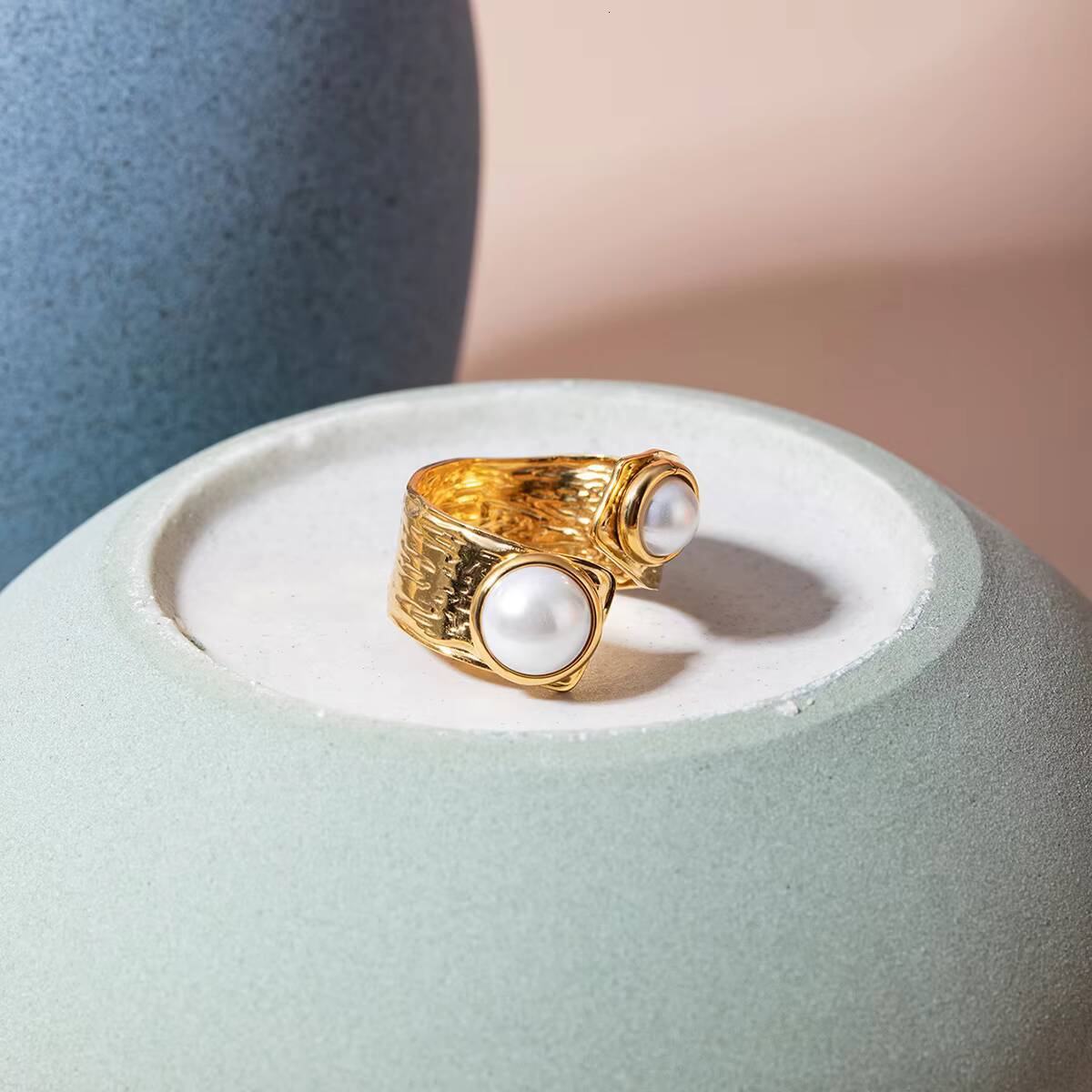 Summer Wholesale Hot Selling 18k Gold Stainless Steel Irregular Opening Pearl Ring Jewelry