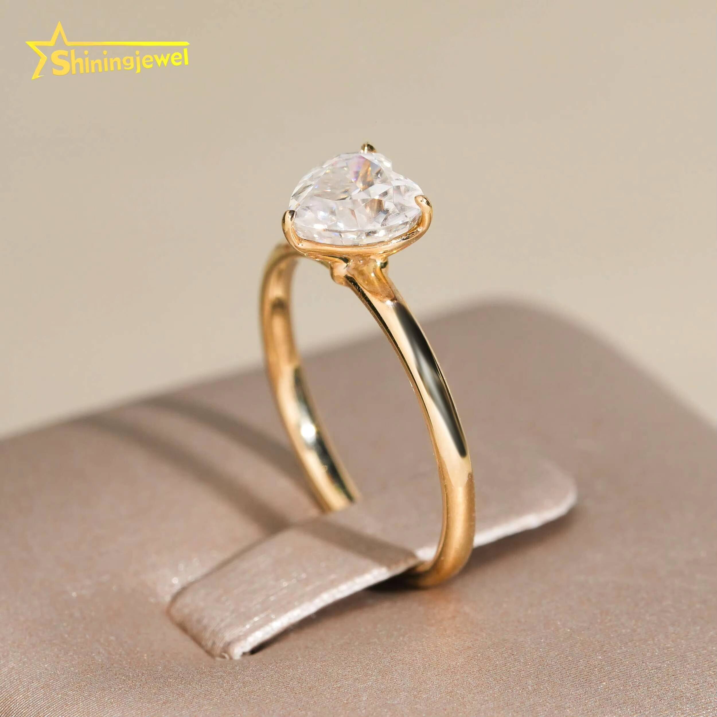 Pass Diamond Test Heart Cut Moissanite Solitaire 14k Solid Gold Engagement Wedding Rings