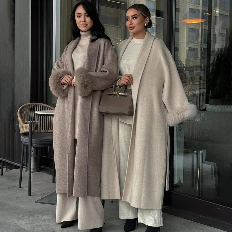 TARUXY Fur Woolen Long Coats Office Lady Removable Elegant Coat Doublesided Wool Overcoat 2025 Cardigan Jacket 251016