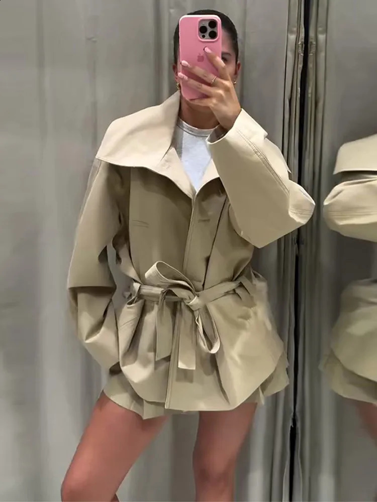 Belted Waist Cropped Trench Double Breasted Stand Collar Autumn Chic Elegant Women Coat Casual Vintage Office Lady Jacket 251020