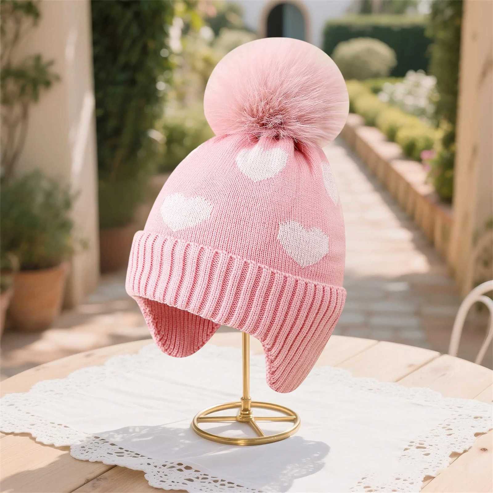 Girls Knitted Hat with Heart Pattern and Plush Ball Baby Winter Hats Warm HeadwearL251024