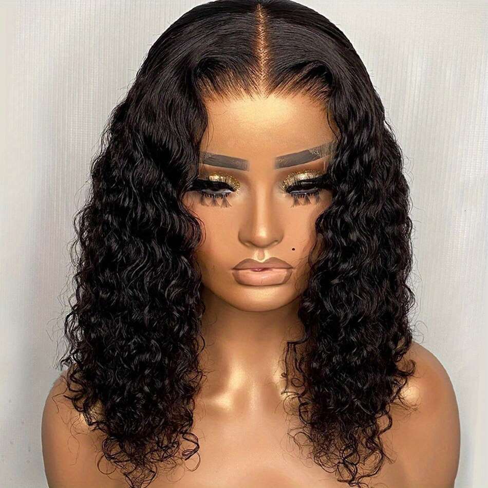 4x4 Brazilian Deep Wave Curly Bob Wig - Pre-Plucked Human Hair with Lace Closure, 150% Density, Natural Black Women, Versatile Style for All Ethniciti