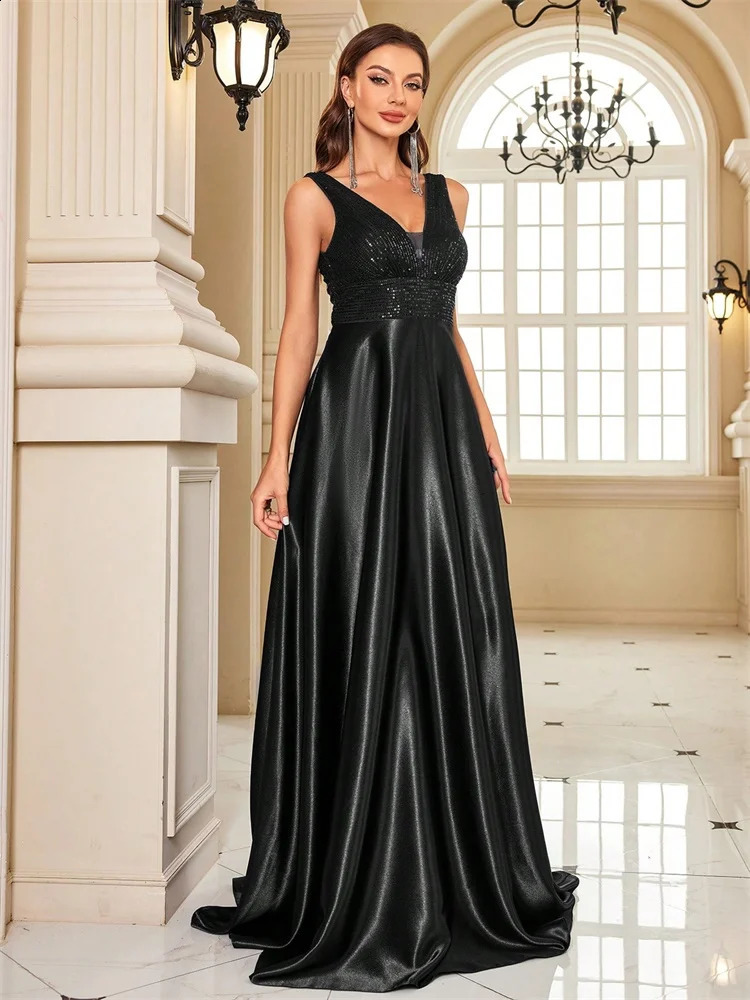 Elegant Sequins Evening Dress For Women Deep Vneck Satin Prom Party Green Dress Floor Length Blue Formal Gowns 251023