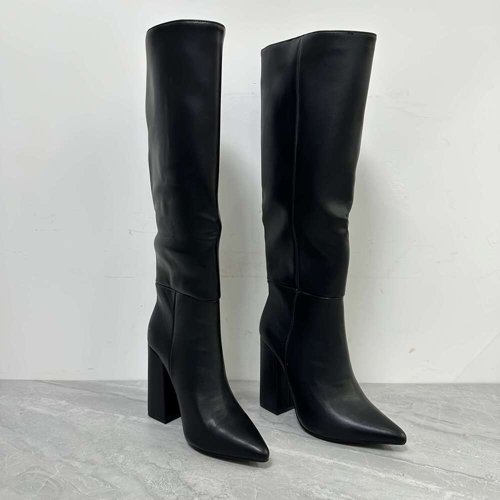 Women's Black Pointed Toe Chunky Knee-High Boots - Slip-On Faux Cover Party & Evening Gown With Ankle Strap, Ultra-High Heel For Winter Events, F