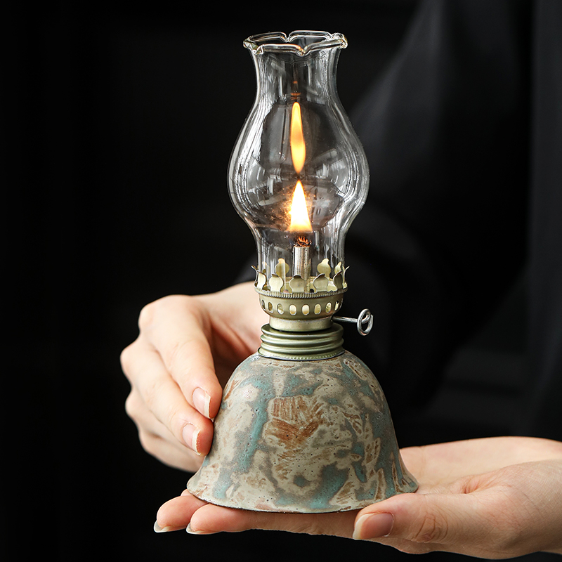 Ceramic Oil Lamp with Adjustable Wick - Vintage Hurricane Lantern for Indoor & Outdoor Use, Desk Decor, Camping Fuel Light (Kerosene Not Included), No