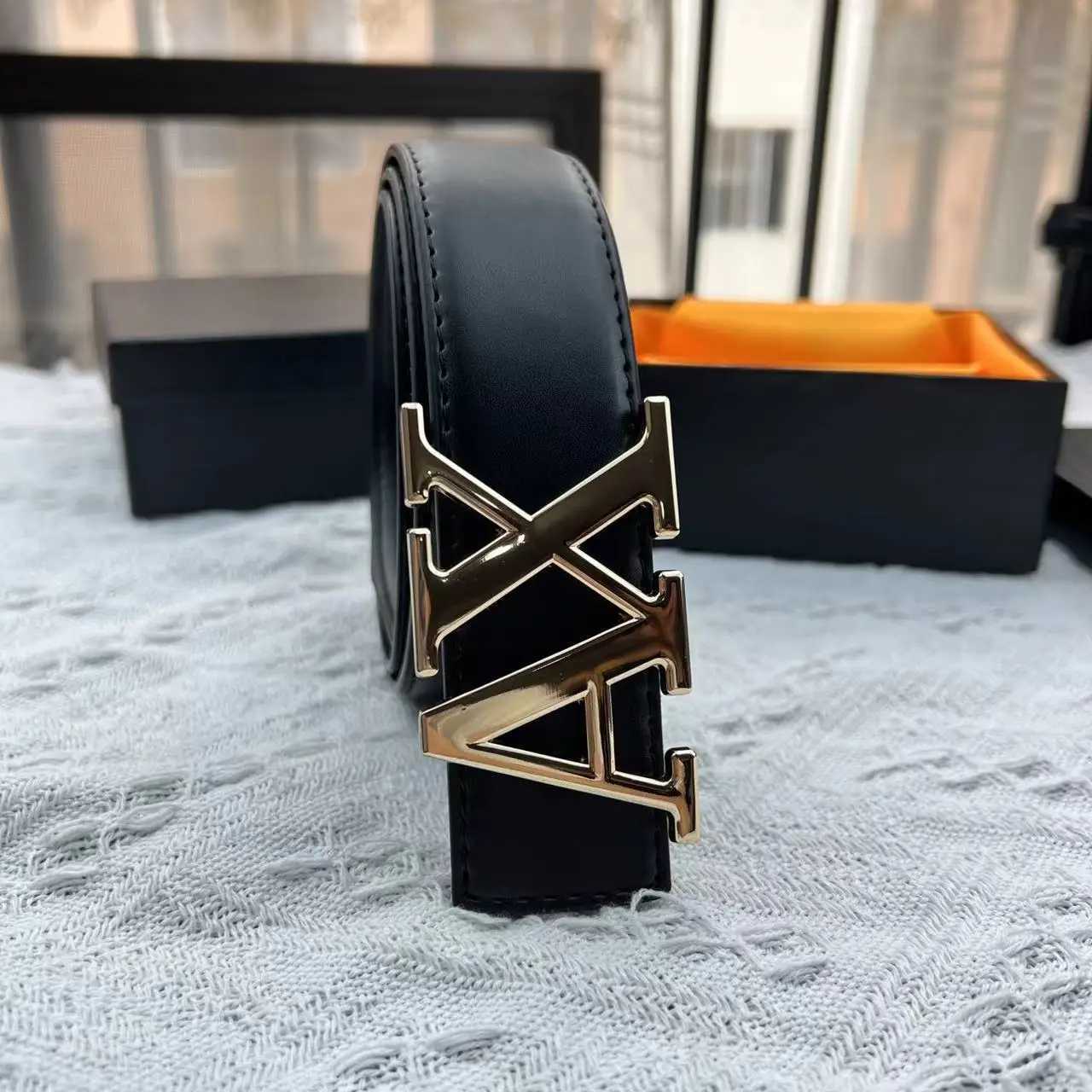 2025 New Crossborder Mens Belt Letter AX Buckle Waistband 38cm Fashionable Plain Weave Lychee Pattern Simple Versatile Belt W251024