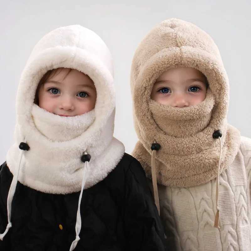 Kids Winter Sports Balaclava 3in1 Fleece Face Mask Hat Neck INS solid color Warmer Windproof furry hats for Skiing CyclingL251024