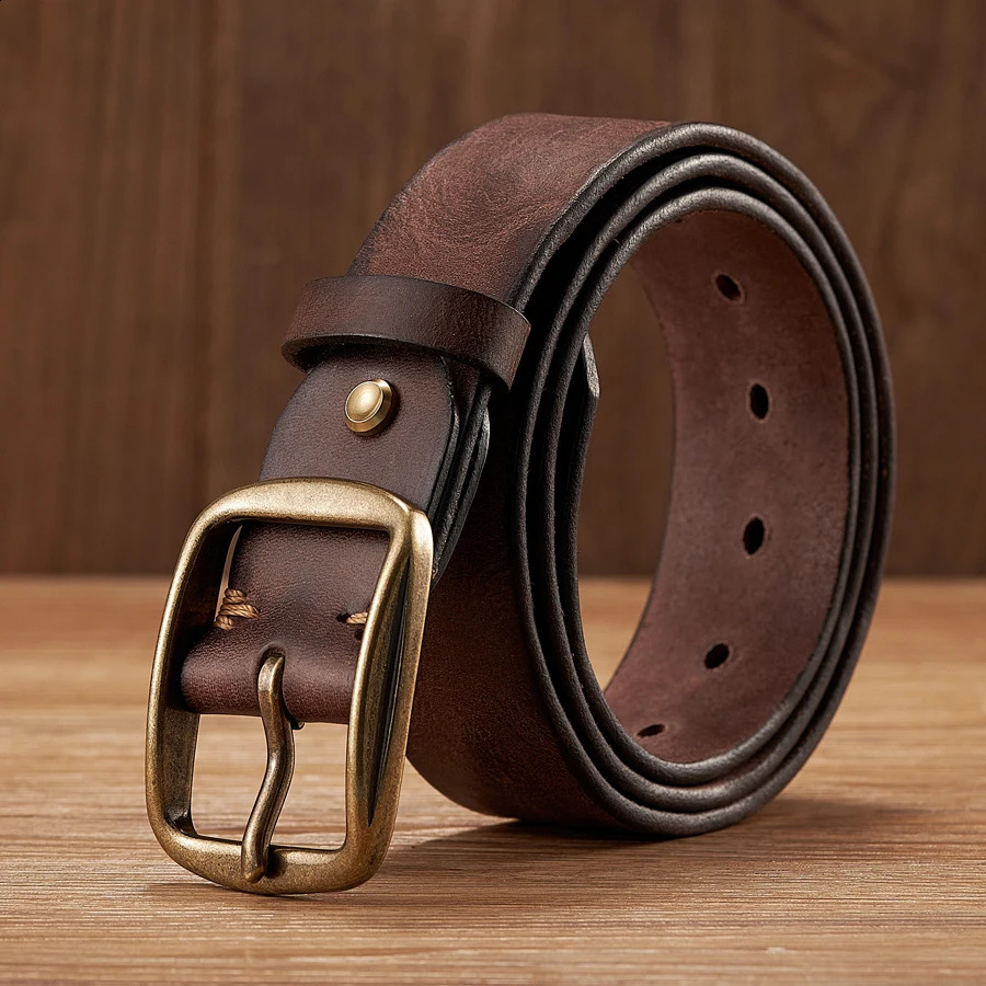 Thick Cowhide Copper Pin Buckle Real Genuine Leather Belt For Jeans Fashion Casual Belt Men Waistband Retro Male Strap 251013