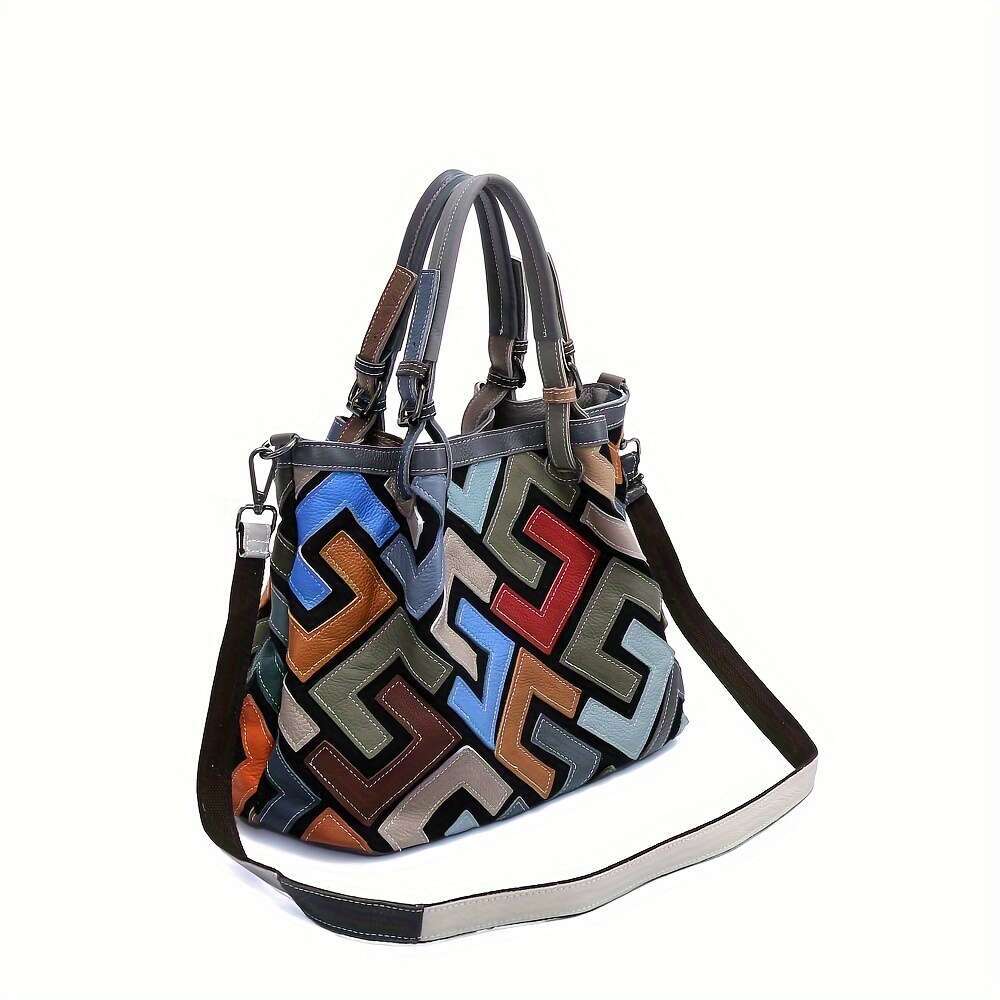 Cross-Border New Factory Spot Contrast Geometric Pattern Ing Cross-Body Leather Handbag Women's Bag Color Random