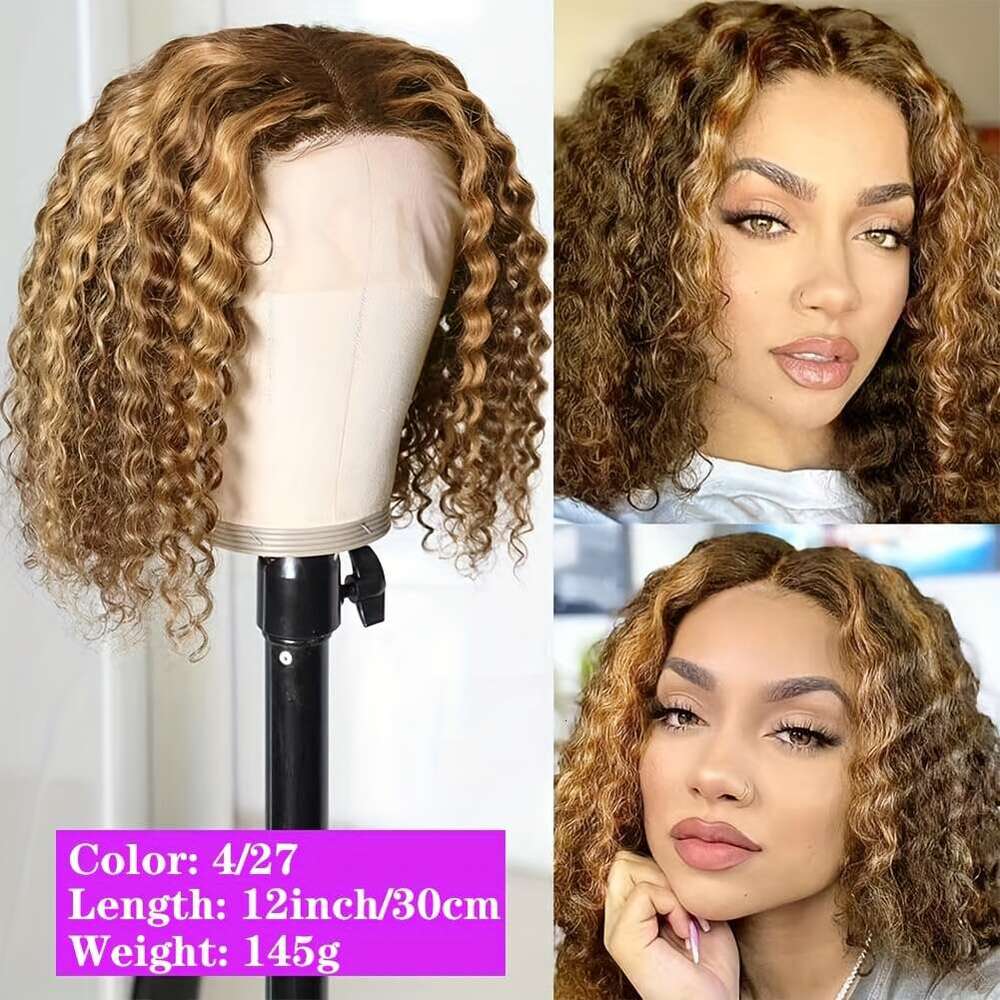Curly Bob 13X4 Front Brazilian Remy Human Hair Wigs Blonde Brown Deep Wave Short Wig For Women 13x4 Lace Highlight Color 4/27 10-16inch 150%